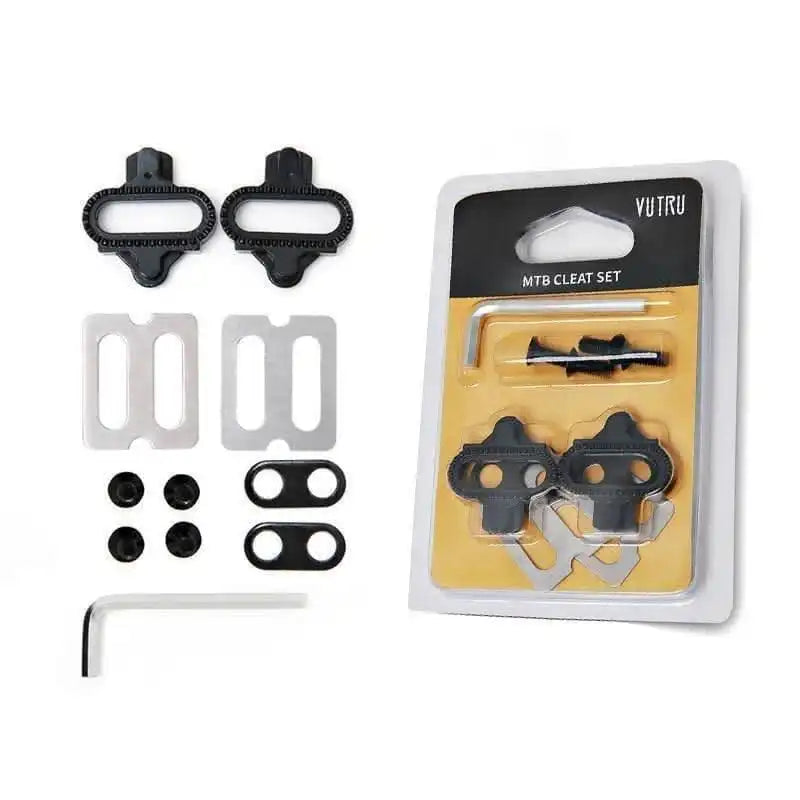 Vutru MTB cleat-sett med sorte klosser, metallplater, skruer og unbrakonøkkel for terrengsykkelsko.