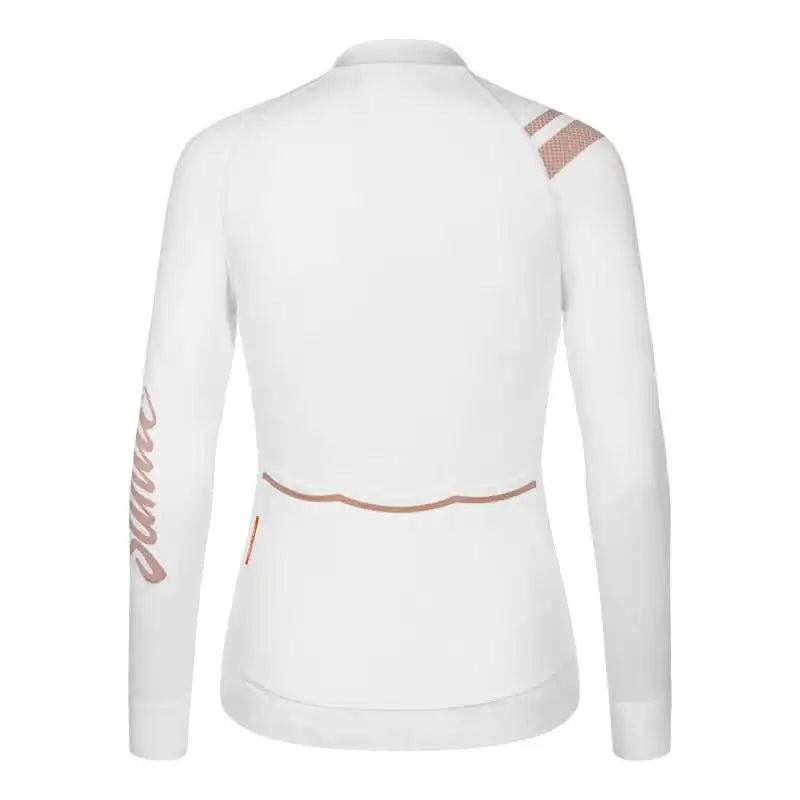 Hvit langermet sykkeltrøye for dame med rosa detaljer og tre baklommer, sett bakfra.