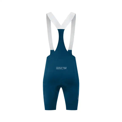 Mørkeblå bib-shorts sykkelbukse med hvite seler og mesh-rygg, sett bakfra.