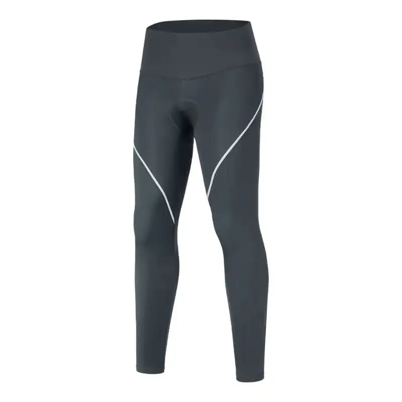 Mørkegrå lang sykkeltights med polstring, høy midje og hvite refleksstriper på lårene.