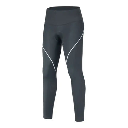 Mørkegrå lang sykkeltights med polstring, høy midje og hvite refleksstriper på lårene.