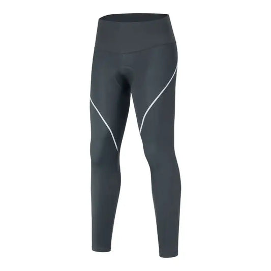 Mørkegrå lang sykkeltights med polstring, høy midje og hvite refleksstriper på lårene.