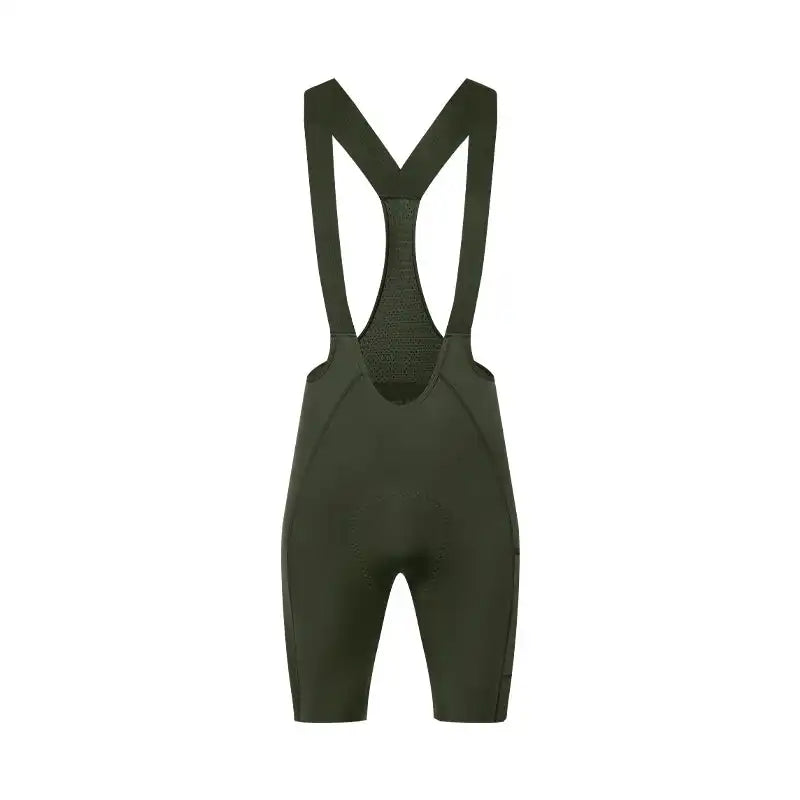Mørkegrønn bib-shorts for sykling med seler og integrert sittepute.