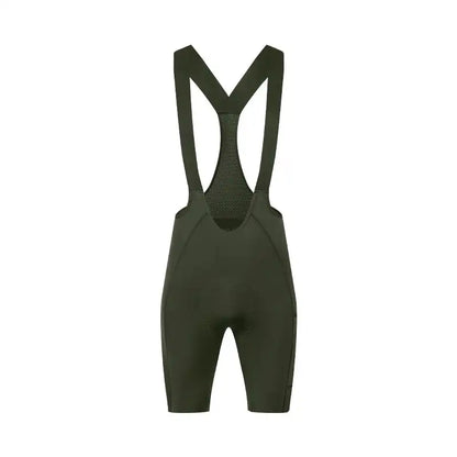 Mørkegrønn bib-shorts for sykling med seler og integrert sittepute.
