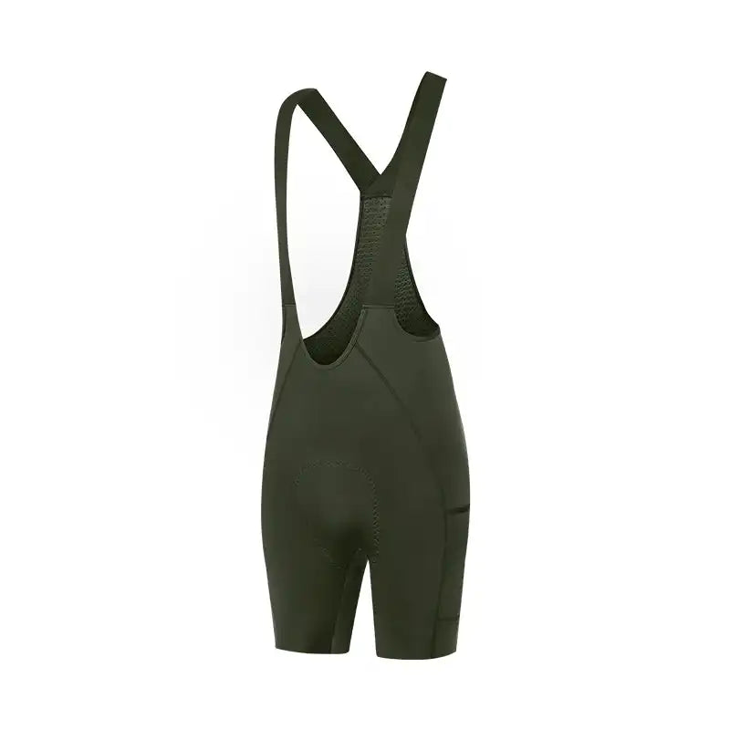 Mosegrønn bib-shorts for sykling med skulderstropper og praktisk sidelomme på låret.
