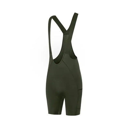 Mosegrønn bib-shorts for sykling med skulderstropper og praktisk sidelomme på låret.