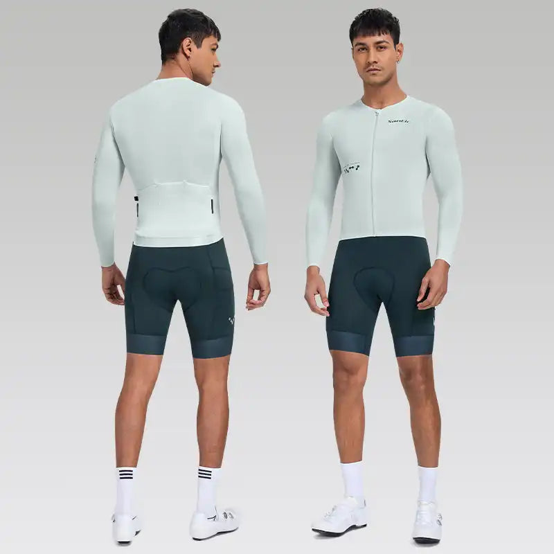 Santic sykkelsett for herre med langermet lysegrønn trøye og mørkegrønn shorts, vist forfra og bakfra.