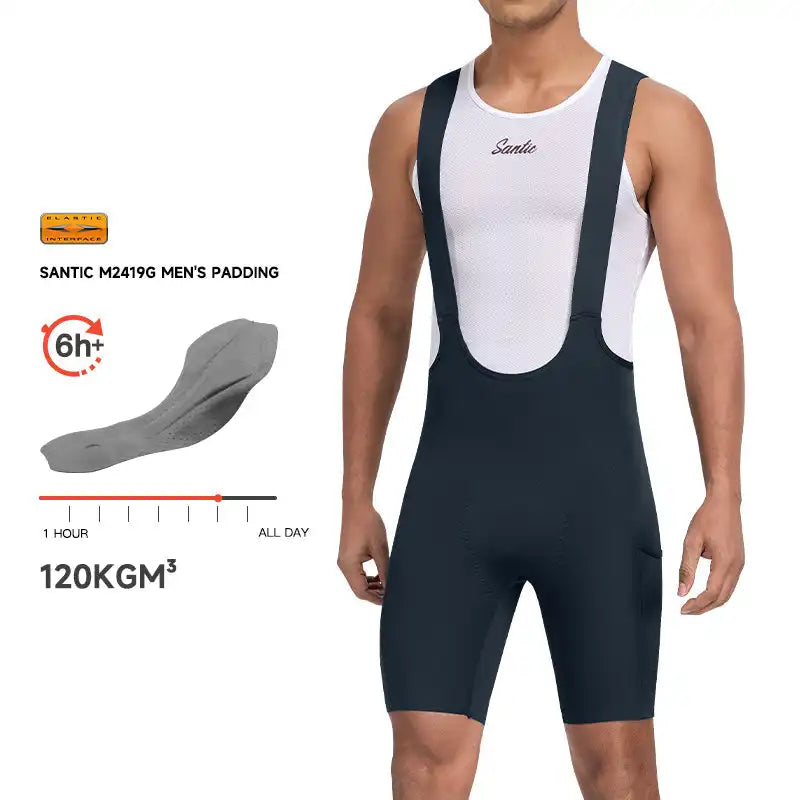 Mørkeblå Santic M2419G sykkelshorts for herre med seler og komfortabel padding for turer over 6 timer.