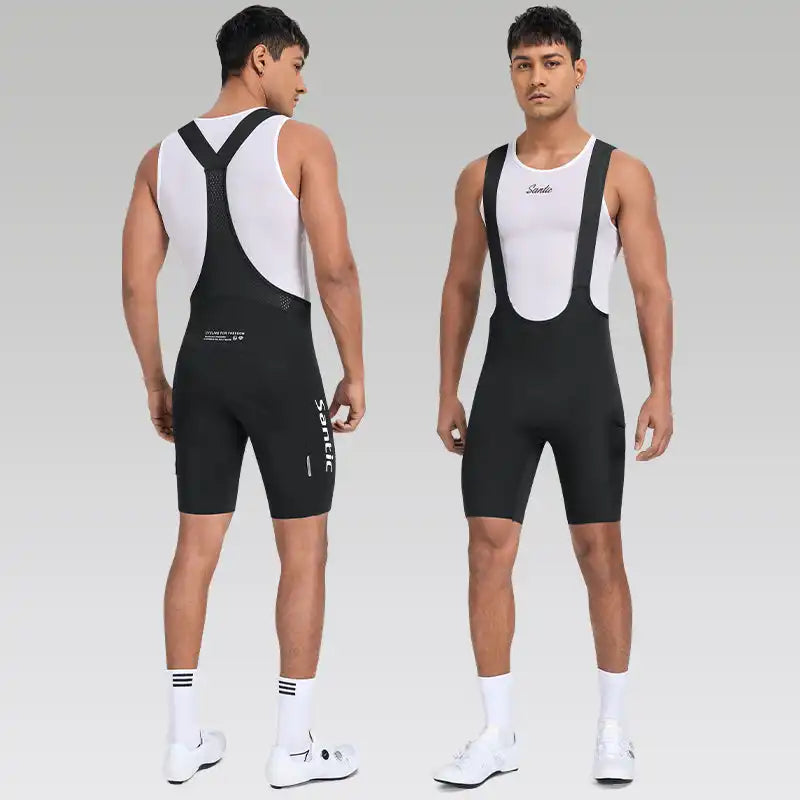 Santic sykkelshorts med seler for herre i svart farge, sett forfra og bakfra.