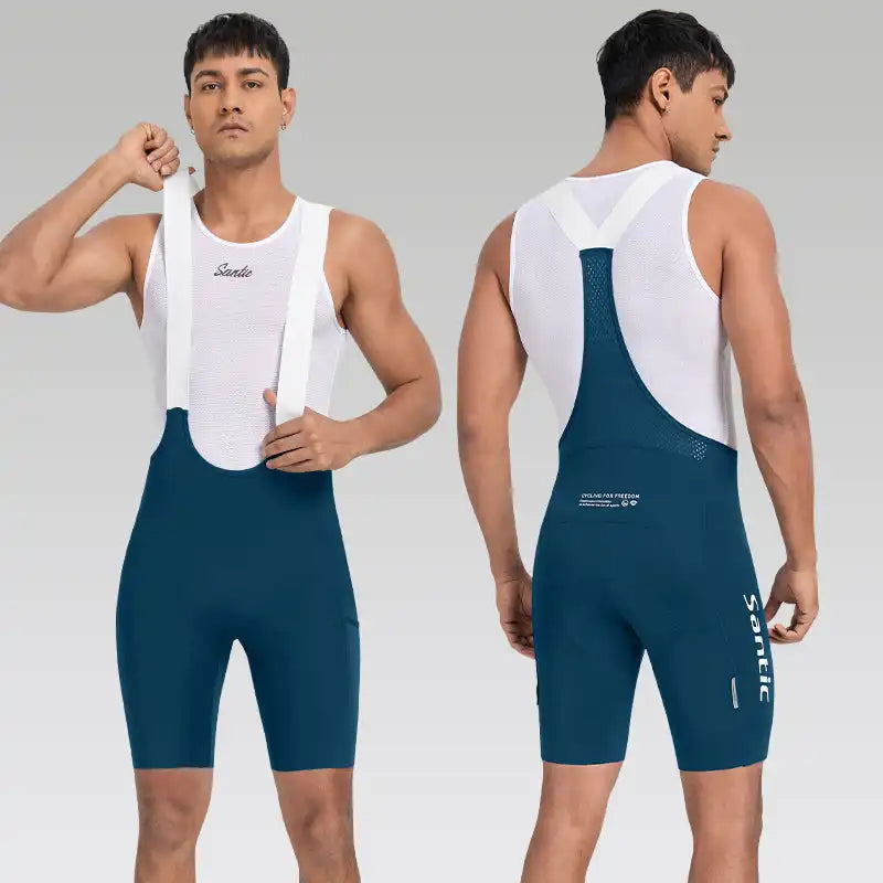 Mørkeblå Santic sykkelshorts med hvite seler og polstring for herre, vist forfra og bakfra.