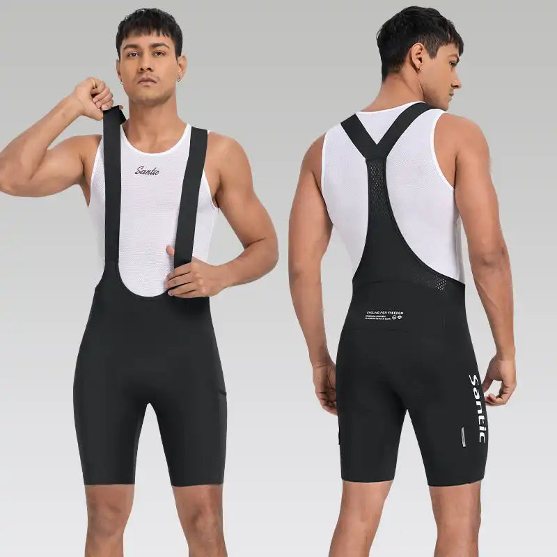Santic sykkelshorts med seler for herre i svart, vist forfra og bakfra med hvit nettingtrøye.