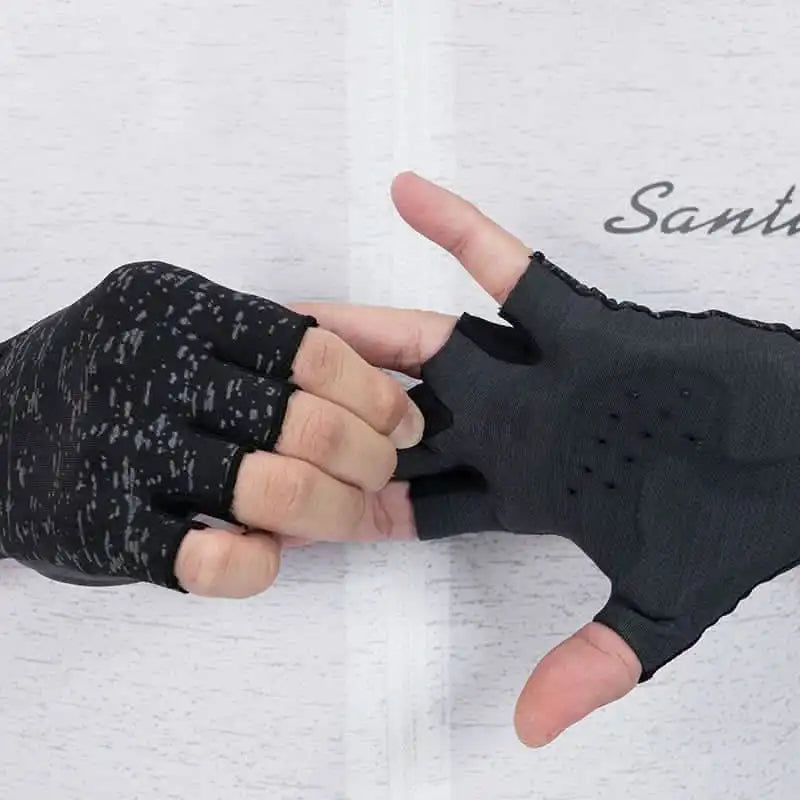 Grå og svarte fingerløse sykkelhansker fra Santini vist fra både overside og håndflate.