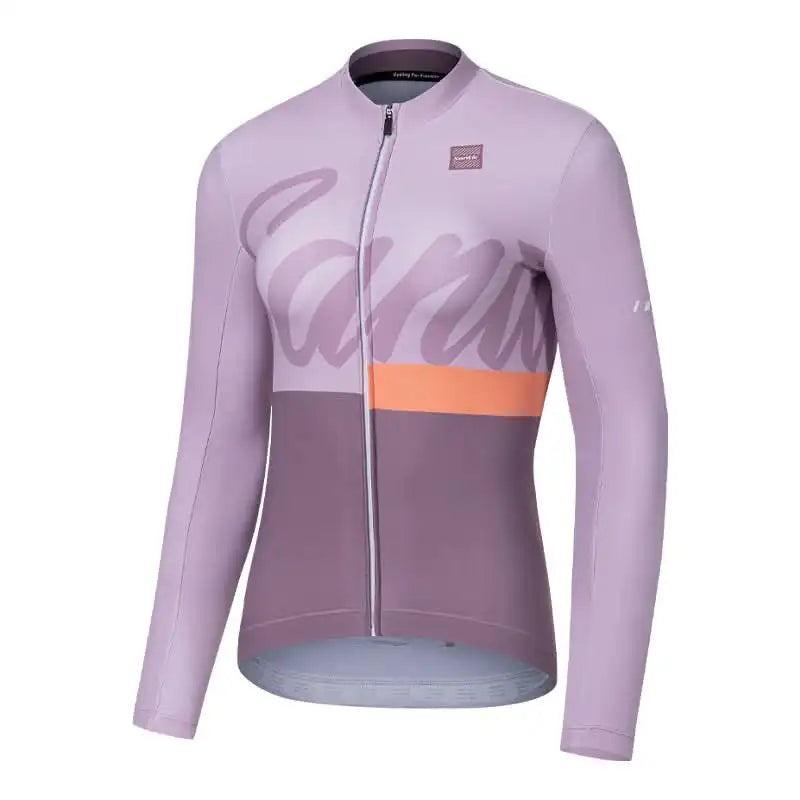 Santini langermet sykkeltrøye til dame i lilla toner med en kontraststripe i oransje.