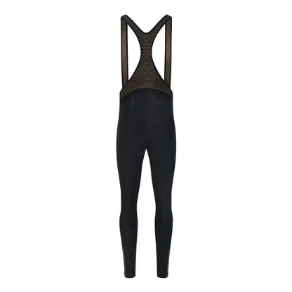 Svart lang sykkelbukse med seler og pustende nettingrygg sett bakfra.
