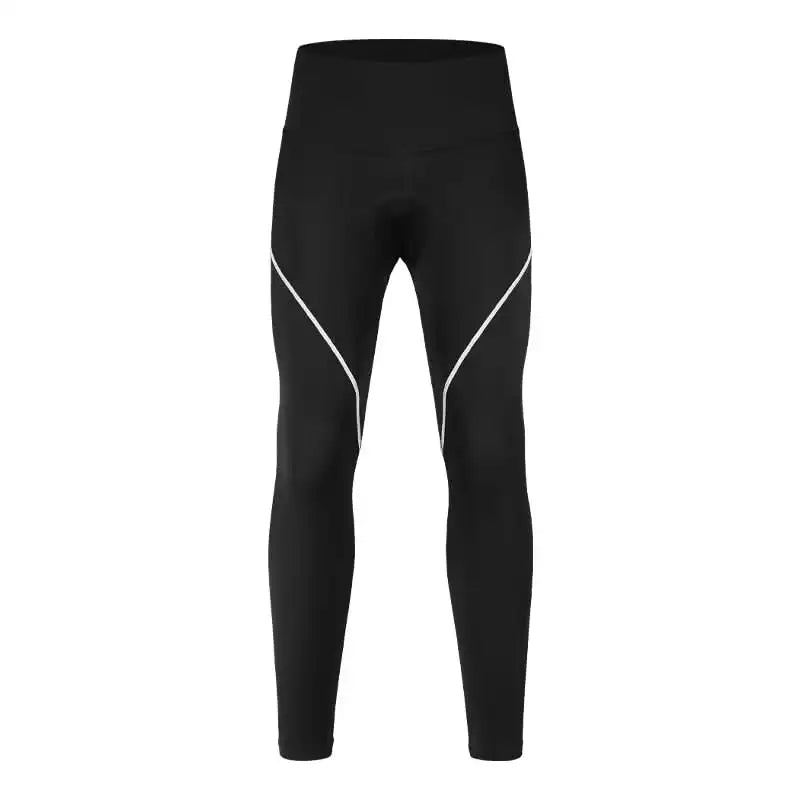 Svart lang sykkeltights med padding og hvite detaljer på lårene for sykling og utendørs trening.
