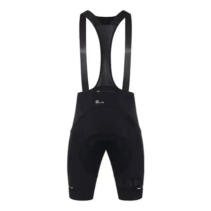 Svart S-Line sykkelshorts med seler sett bakfra, med pustende mesh-rygg og polstring for sykling.