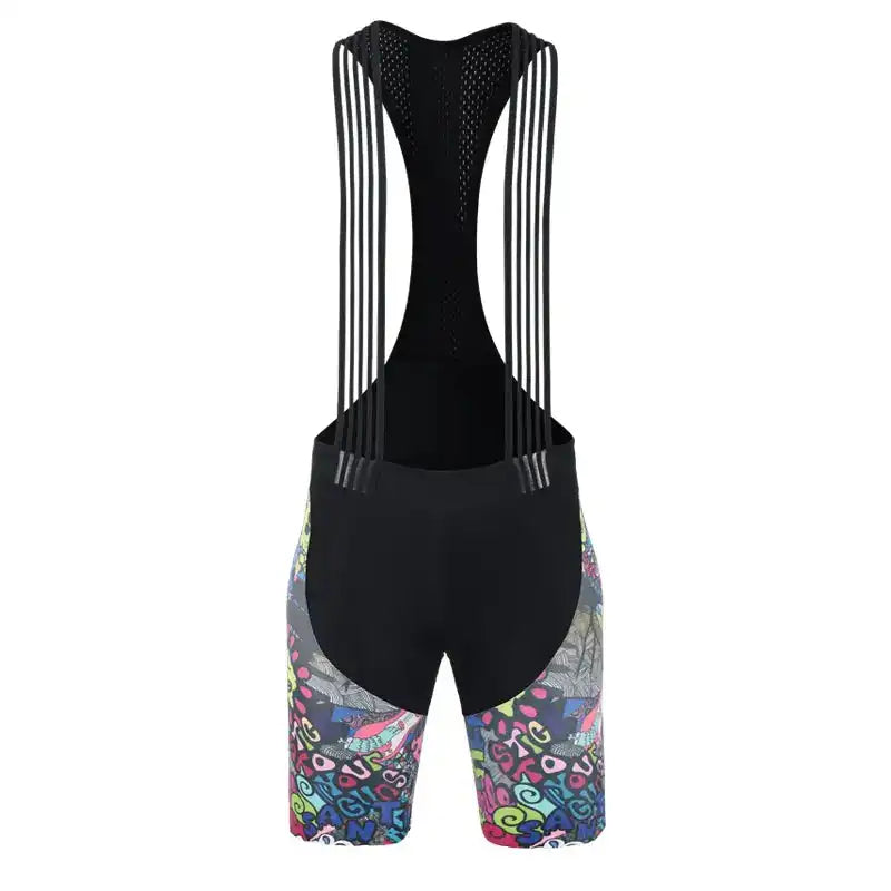 Svart bib-shorts for sykling med fargerikt grafisk mønster på lårene og pustende seler.