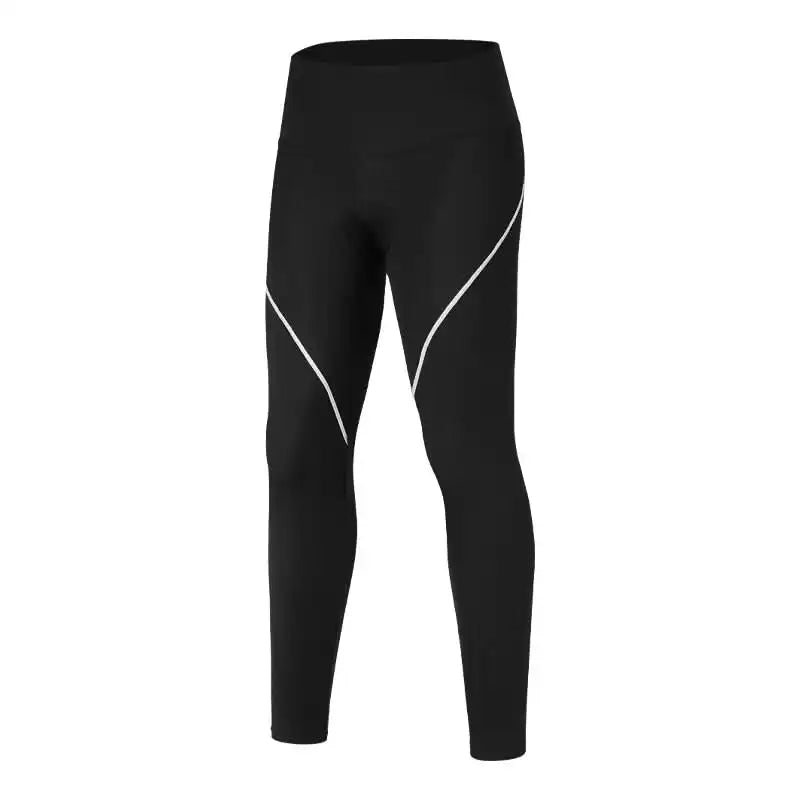 Svart lang sykkeltights for dame med høyt liv og hvite refleksdetaljer på bena.